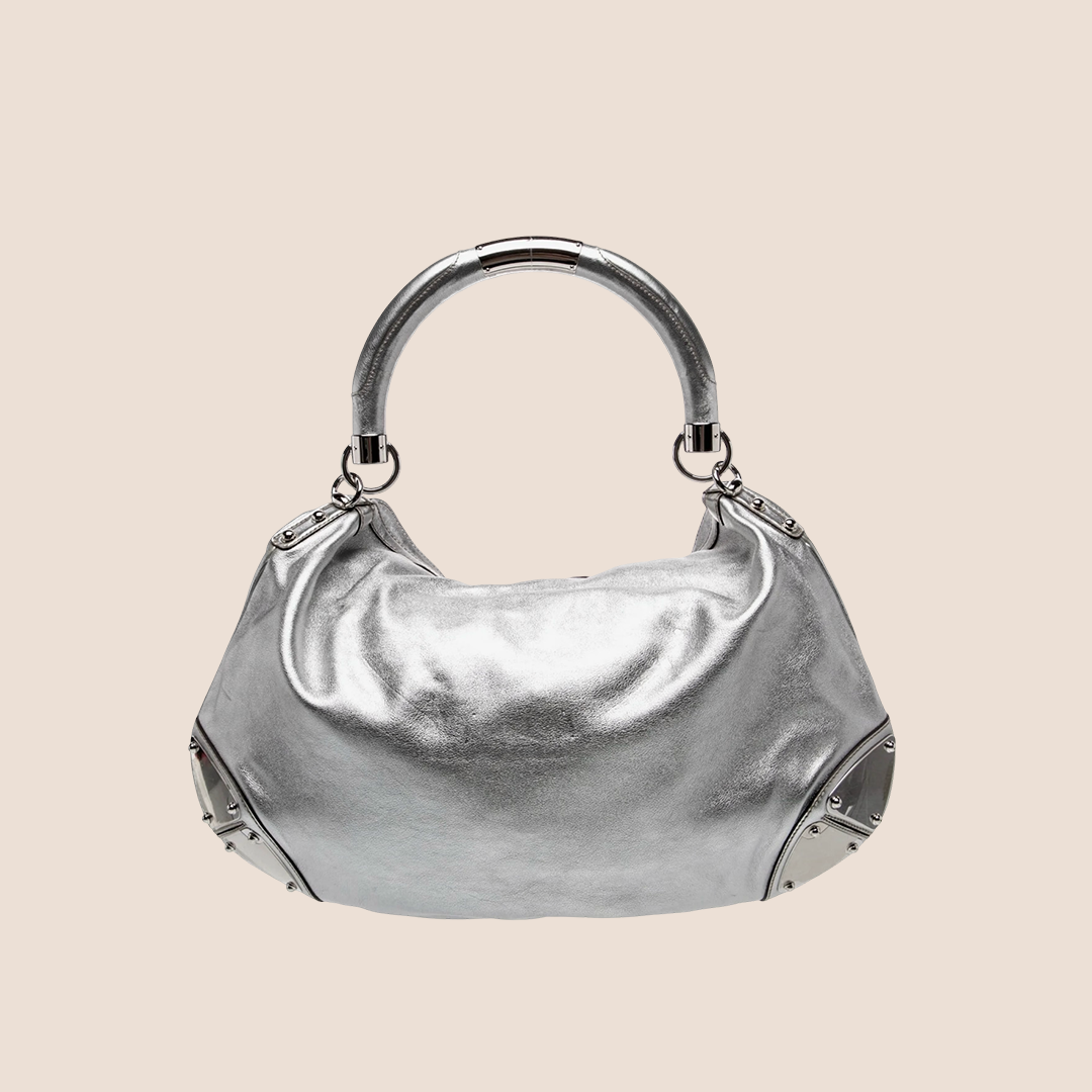 GUCCI METALLIC SILVER LEATHER BABOUSKA INDY HOBO BAG
