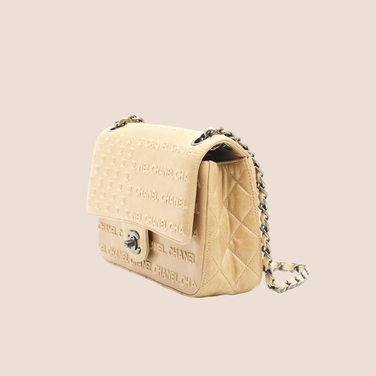 CHANE BEIGE LAMBSKIN EMBOSSED PARIS-DALLAS FLAP BAG