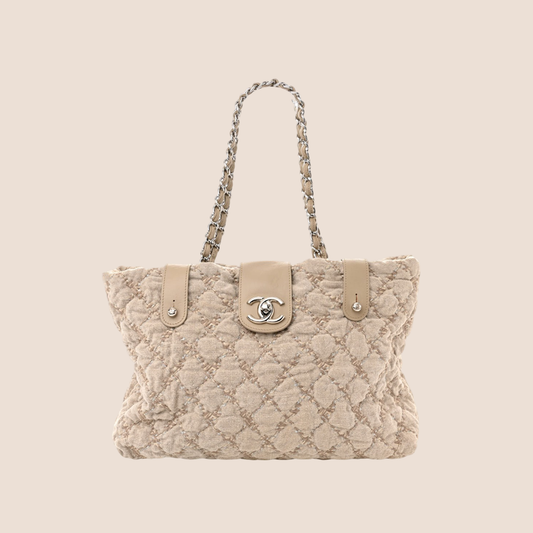 CHANEL BEIGE TWEED STITCH SHOPPING TOTE BAG