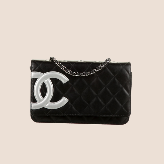 CHANEL 2005 CC LOGO BLACK CAMBON WALLET ON CHAIN