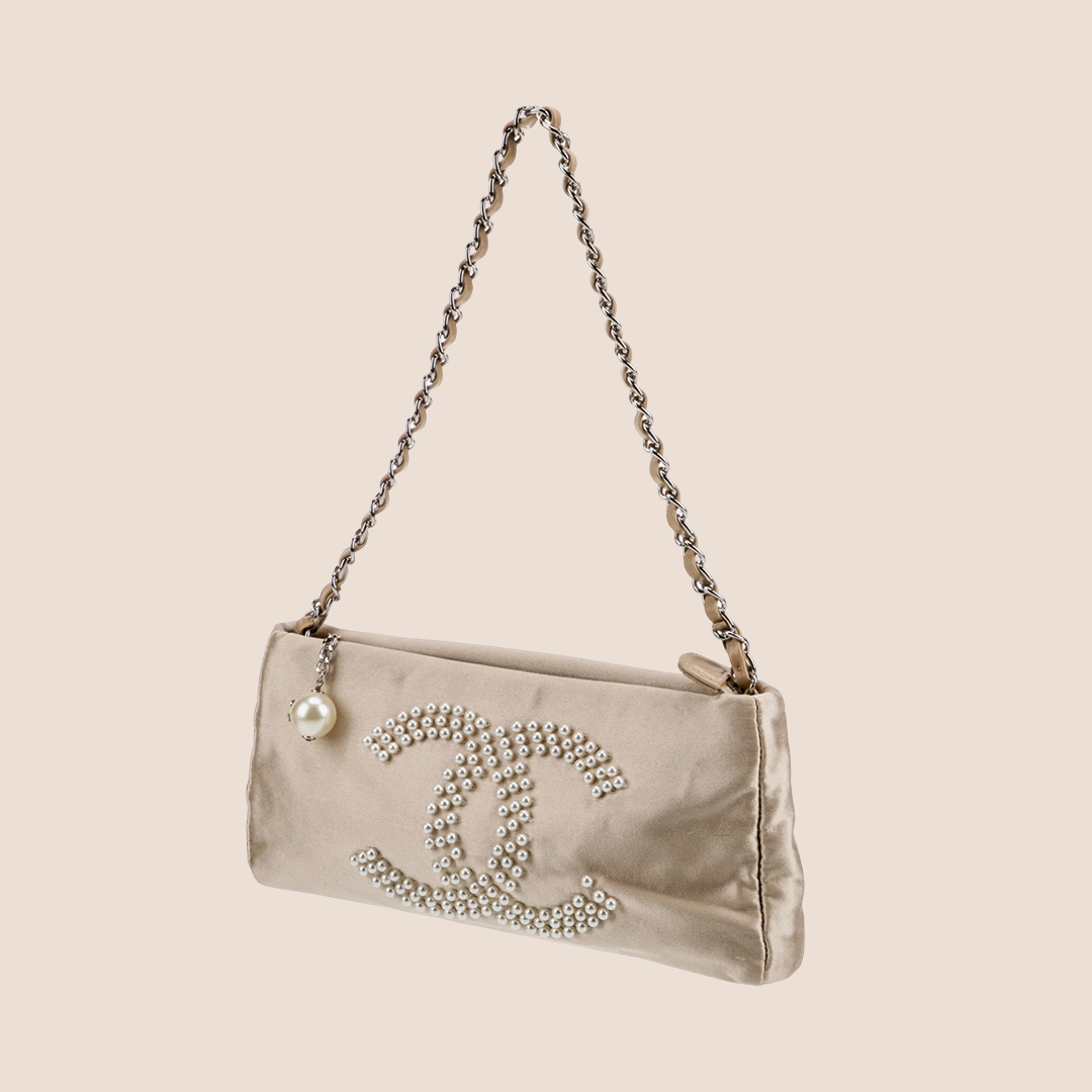 CHANEL 2004 GREY SATIN PEARL CC LOGO CHAIN SHOULDER BAG