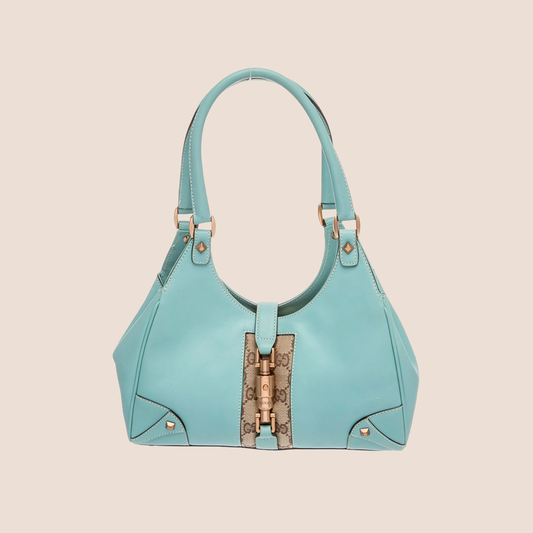 GUCCI TURQUOISE LEATHER & CANVAS BARDOT BAG
