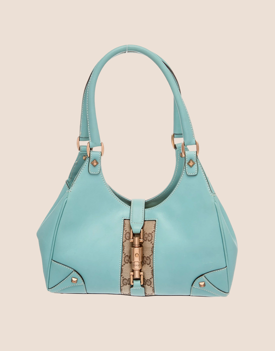 GUCCI TURQUOISE LEATHER & CANVAS BARDOT BAG