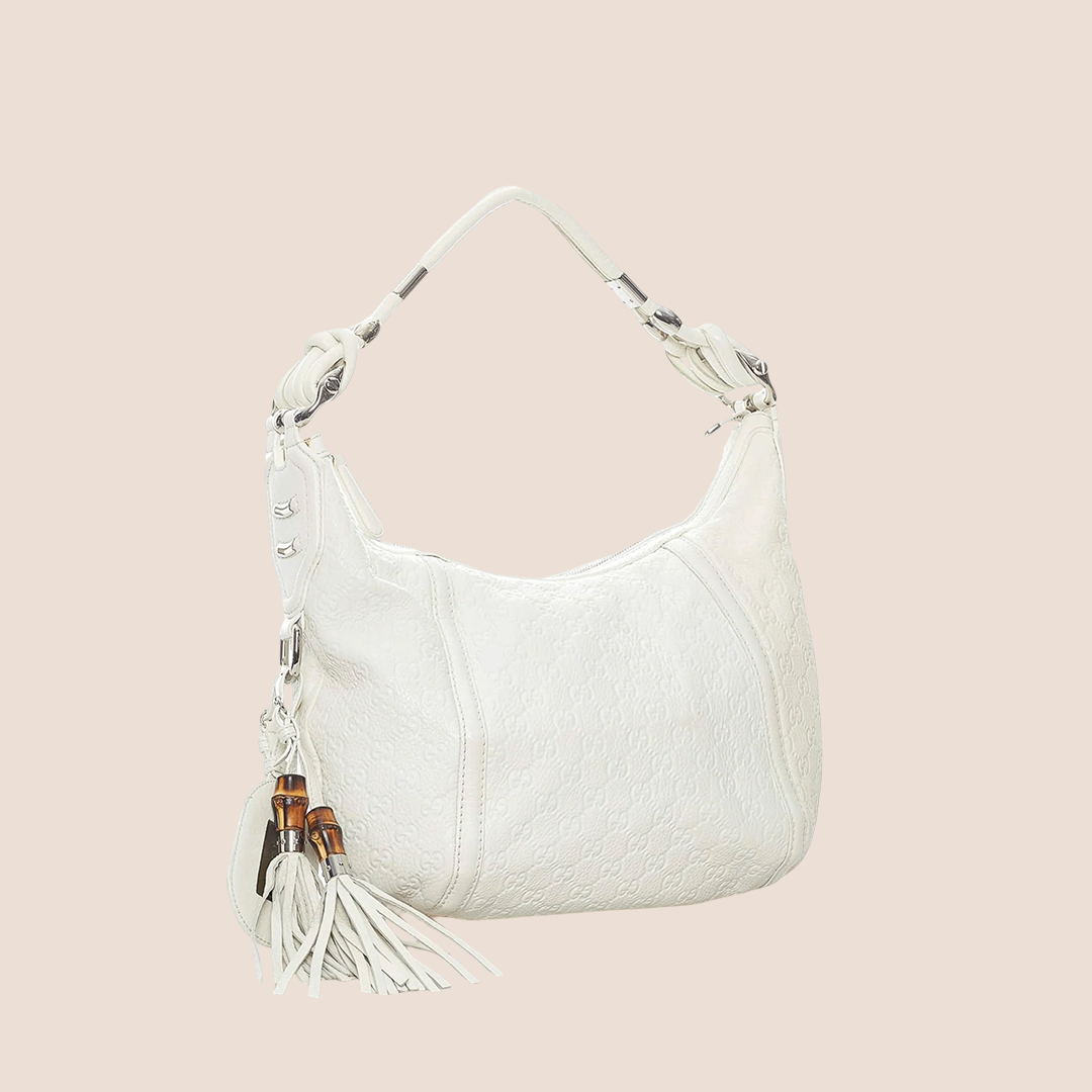 GUCCI GG MONOGRAM WHITE LEATHER TASSEL HOBO BAG