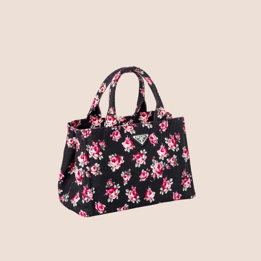 PRADA 2000 BLACK FLORAL CANVAS GIARDINIERA TOTE BAG