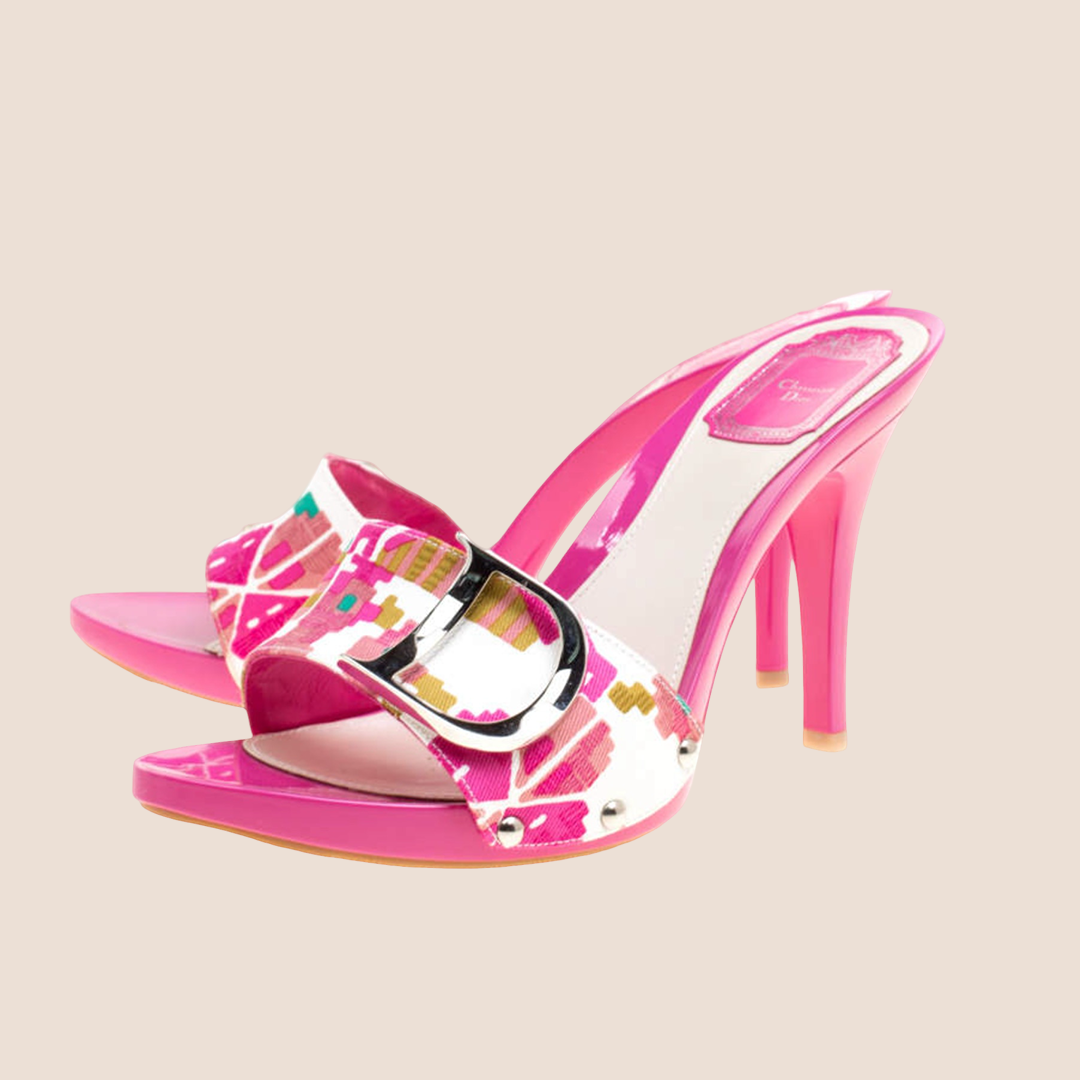 CHRISTIAN DIOR 2000 PINK MULTICOLOR PRINTED MULES