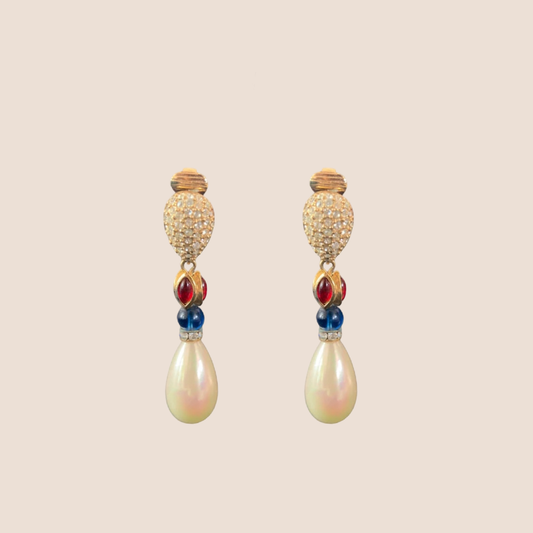 CHRISTIAN DIOR 1980 CRYSTAL DANGLING PEARL EARRINGS