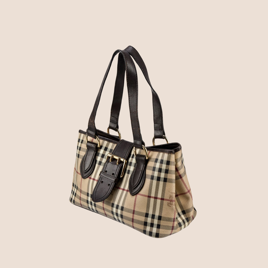 BURBERRY HAYMARKET CHECK BUCKLE TOTE BAG