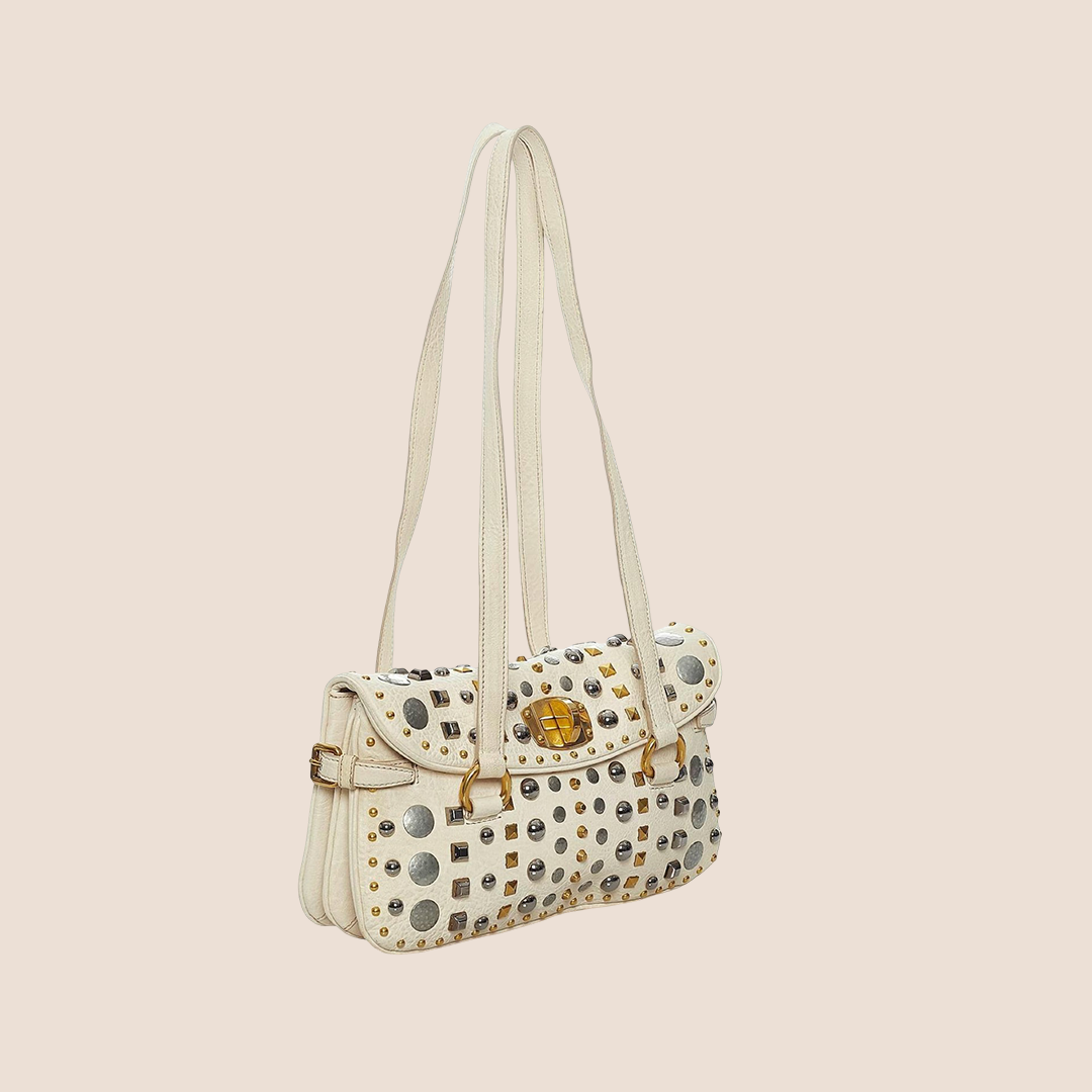 MIU MIU 2009 WHITE LEATHER STUDDED TOTE BAG
