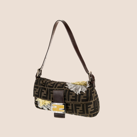FENDI BROWN EMBROIDERED FLORAL ZUCCA BAGUETTE BAG