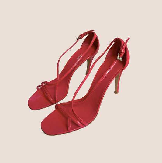 PRADA RED PATENT LEATHER STRAP HEELS