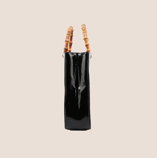 GUCCI BLACK PATENT LEATHER LOGO BAMBOO TOTE BAG