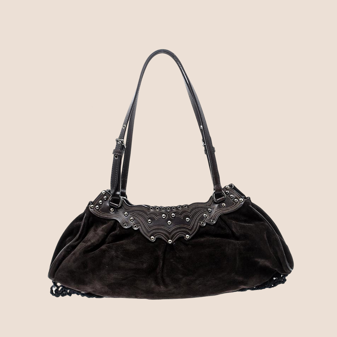 MIU MIU 2000 BROWN SUEDE FLOWER EMBROIDERED SHOULDER BAG