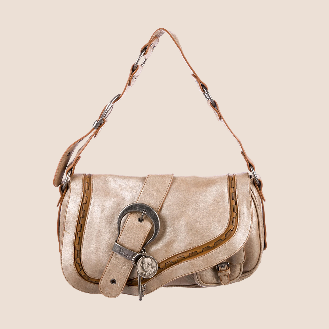CHRISTIAN DIOR 2006 METALLIC GLITTER CREAM LEATHER GAUCHO SADDLE BAG