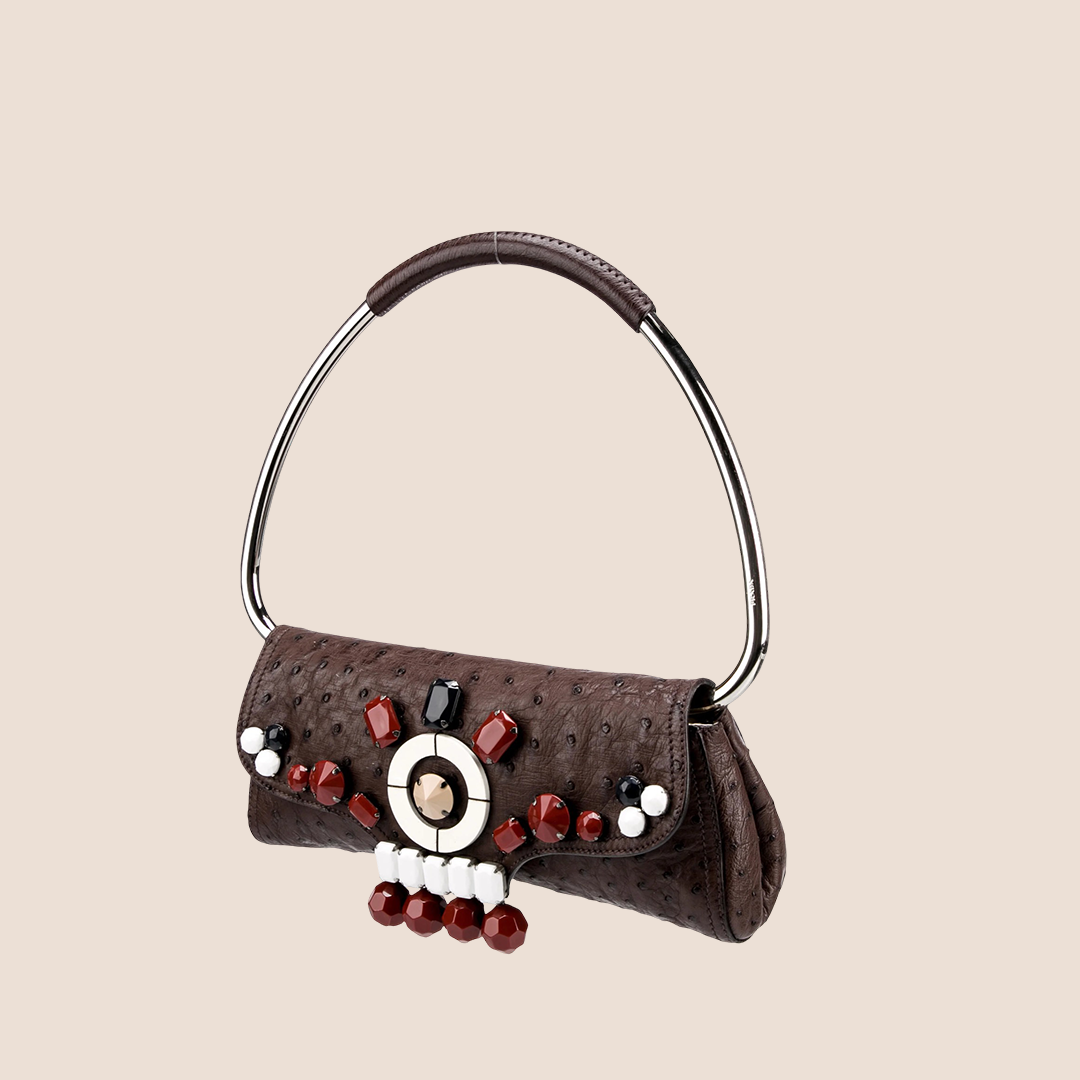 PRADA BROWN OSTRICH RICAMO SWING BAG