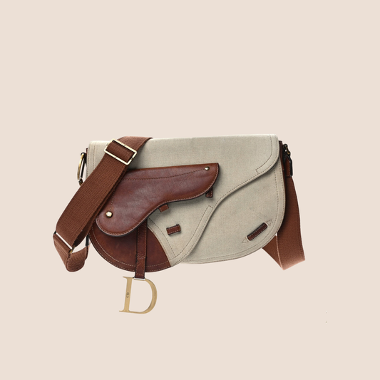 CHRISTIAN DIOR BROWN & BEIGE CANVAS DOUBLE SADDLE BAG