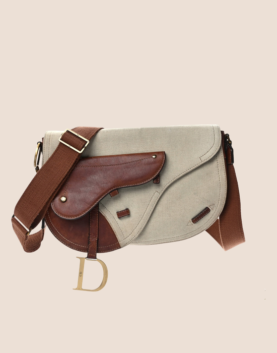 CHRISTIAN DIOR BROWN & BEIGE CANVAS DOUBLE SADDLE BAG