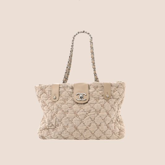 CHANEL BEIGE CANVAS QUILTED TWEED BUBBLE SHOPPING TOTE