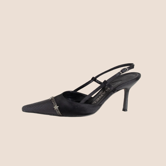 CHANEL SATIN STAR EMBELLISHED SLINGBACK MULES