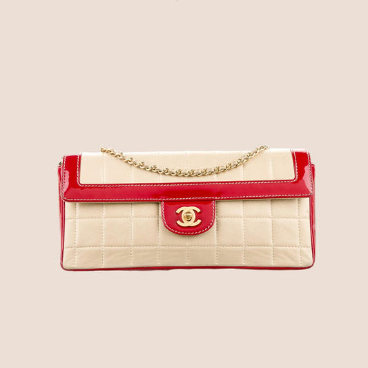 CHANEL RED & CREAM CHOCOLATE BAR EAST WEST FLAP BAG