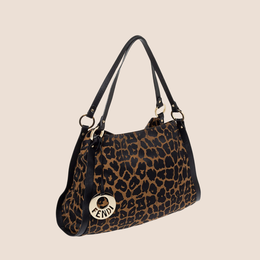 FENDI 2000 LEOPARD PRINT LEATHER TRIM CHEF TOTE BAG