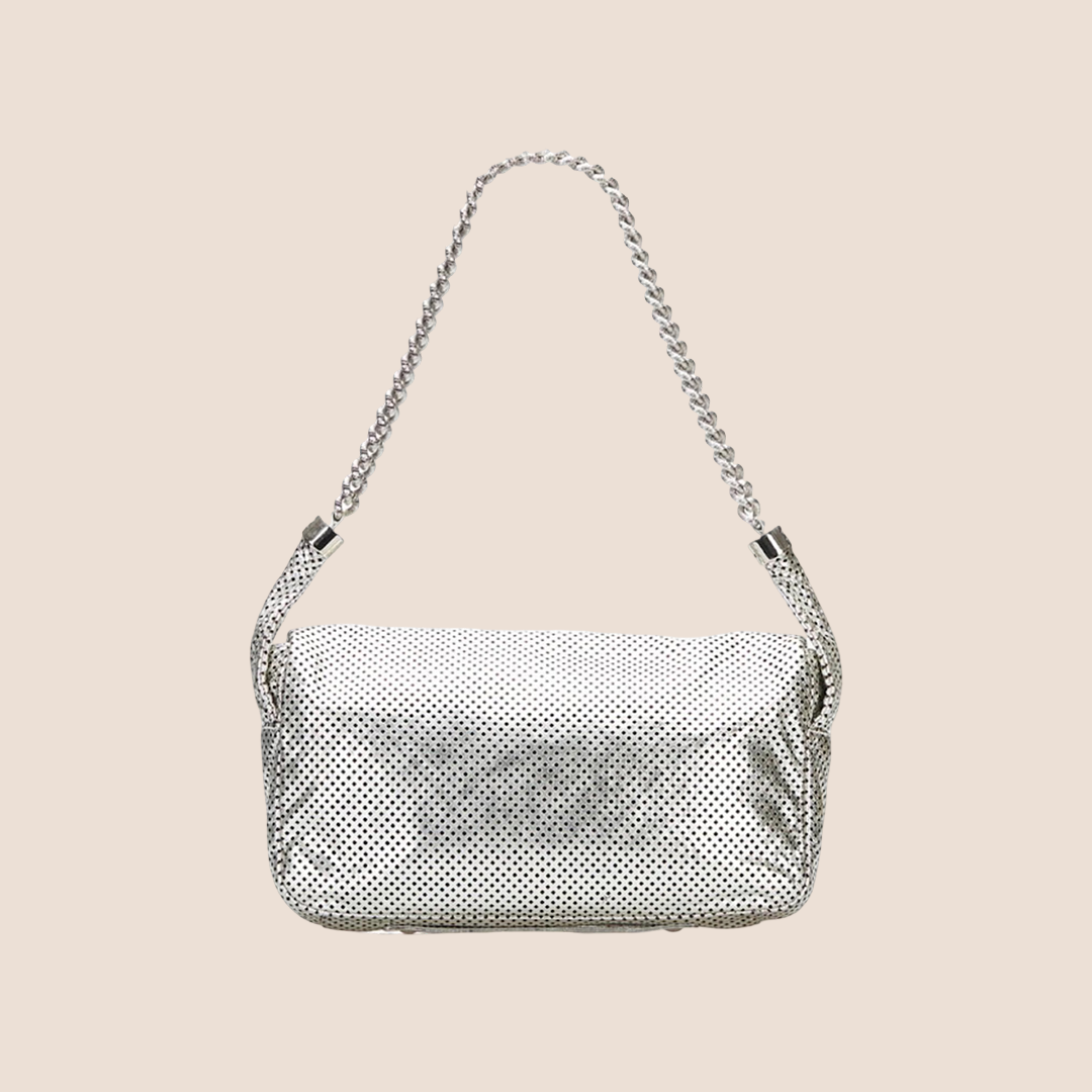 CHANEL 2008 SILVER METALLIC PERFORATED RODEO FLAP BAG