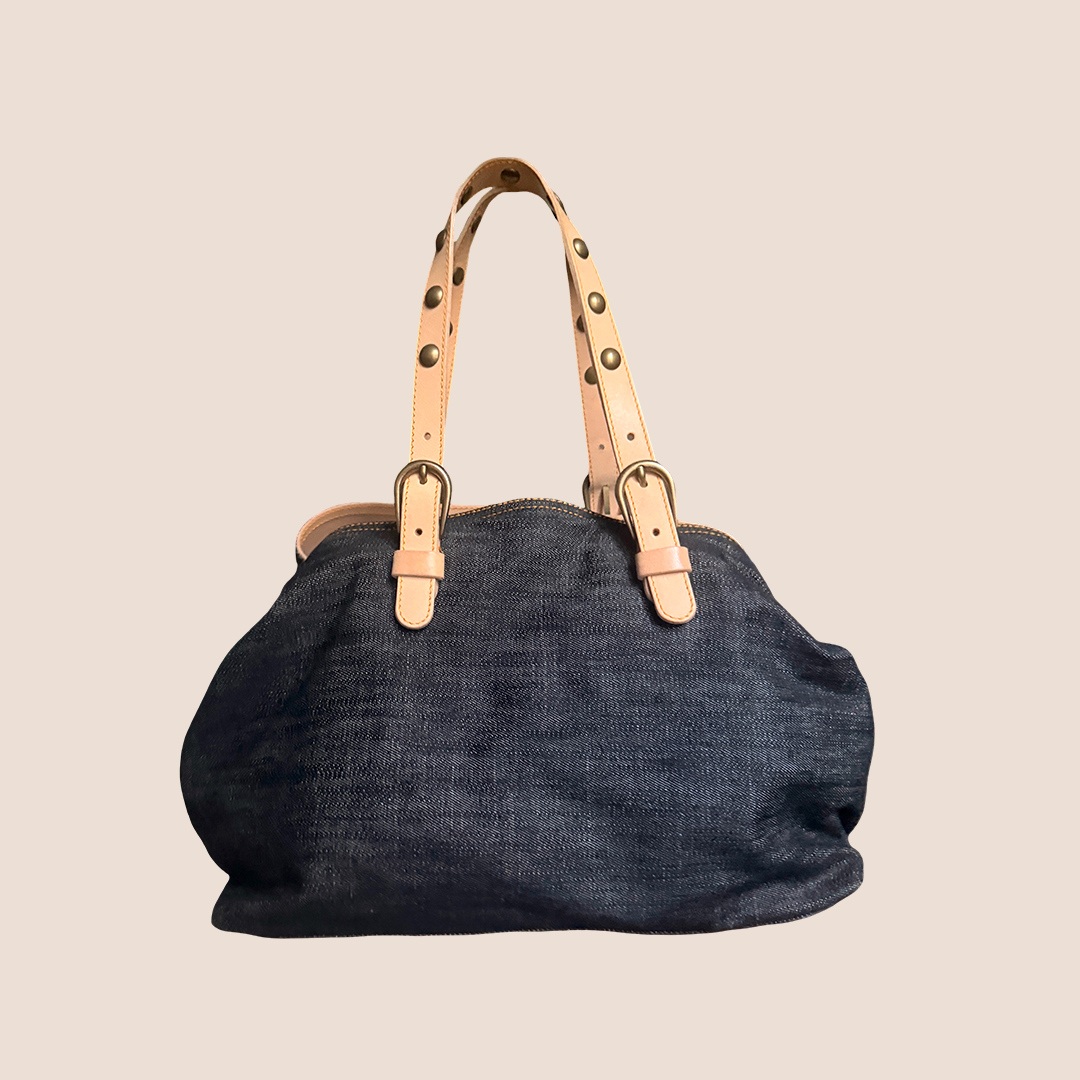 MIU MIU 2000 NAVY DENIM STUDDED TOTE BAG