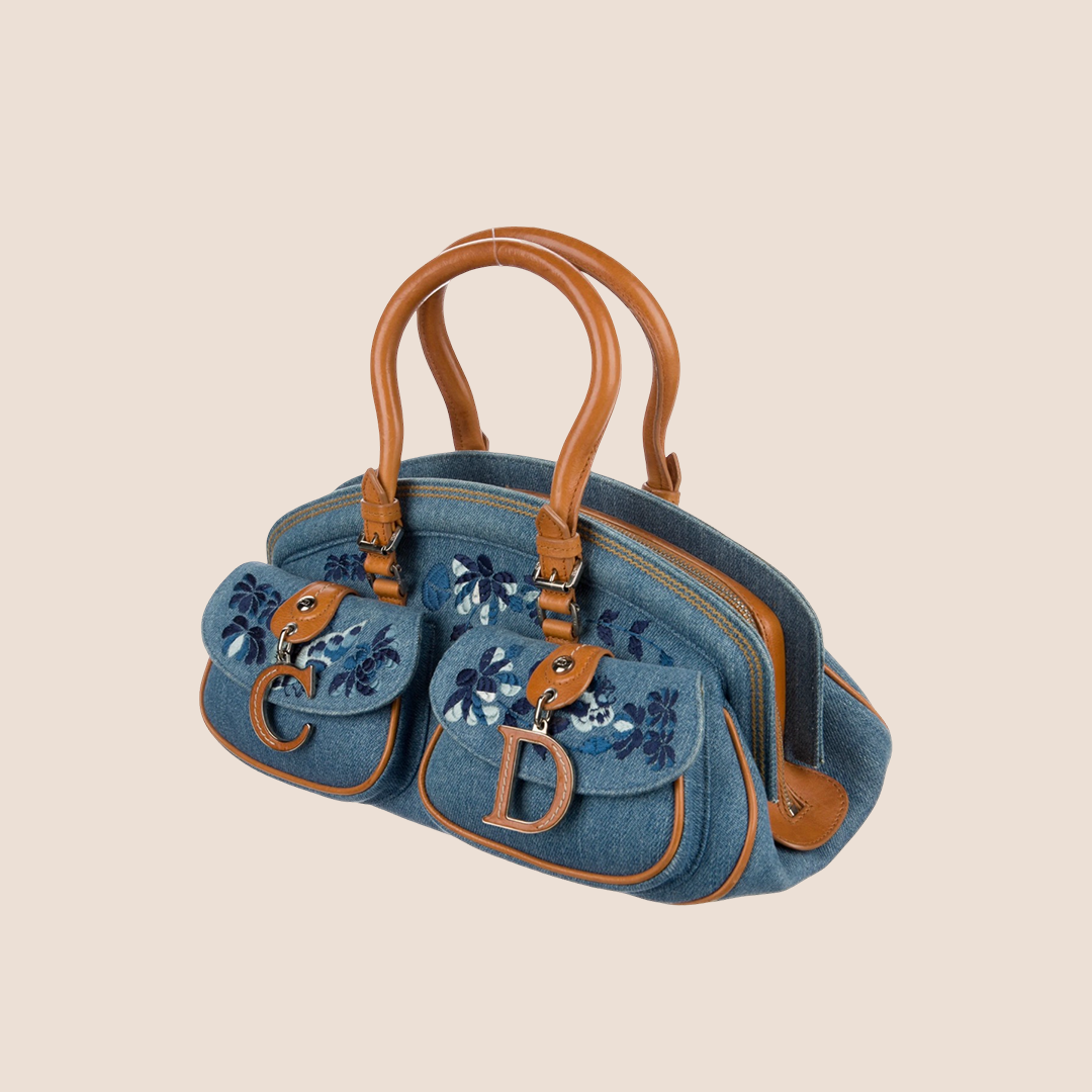 CHRISTIAN DIOR 2005 DENIM EMBROIDERED DETECTIVE HANDBAG