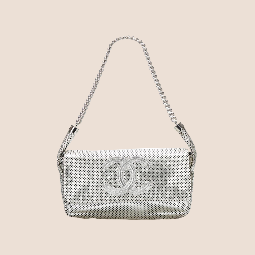 CHANEL 2008 SILVER METALLIC PERFORATED RODEO FLAP BAG