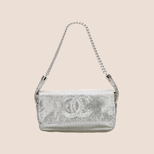 CHANEL 2008 SILVER METALLIC PERFORATED RODEO FLAP BAG