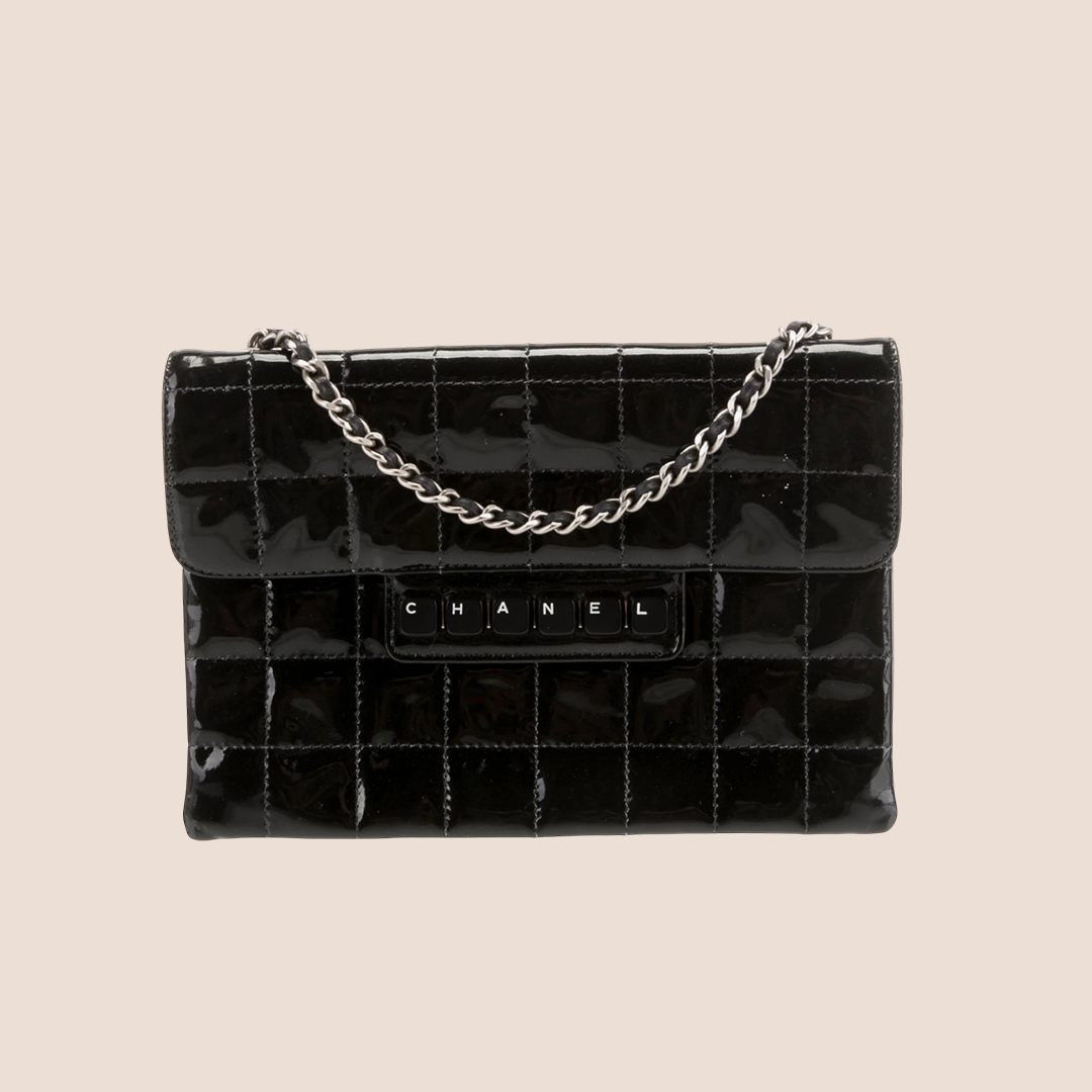 CHANEL BLACK PATENT LEATHER DIGITAL KEYBOARD LOGO CHAIN SHOULDER BAG