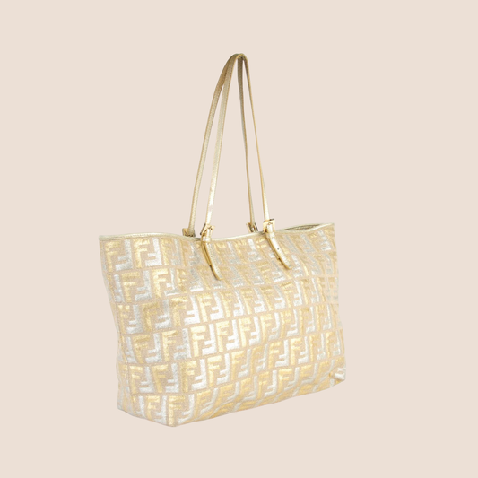 FENDI GOLD & SILVER METALLIC ZUCCA ROLL TOTE BAG