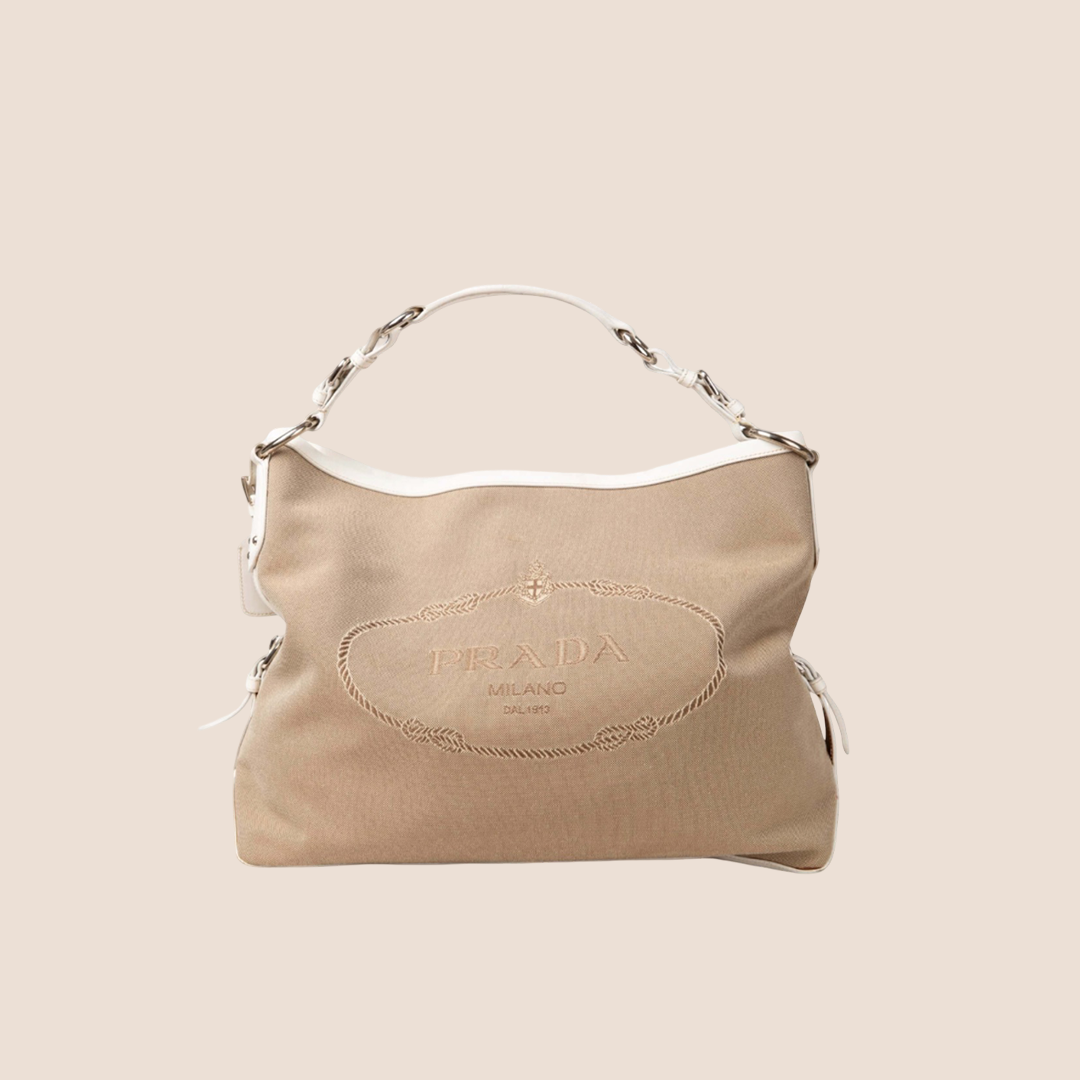 PRADA 2000 WHITE LEATHER & JACQUARD LOGO BUCKET TOTE BAG