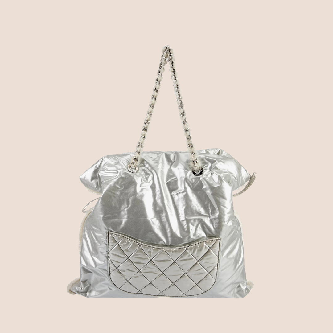 CHANEL METALLIC SILVER POLAR BON BON TOTE BAG