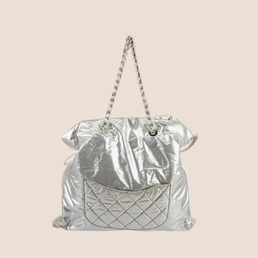 CHANEL METALLIC SILVER POLAR BON BON TOTE BAG