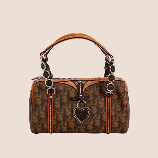 CHRISTIAN DIOR BROWN ROMANTIQUE TROTTER MINI BARREL BAG