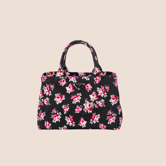 PRADA 2000 BLACK FLORAL CANVAS GIARDINIERA TOTE BAG