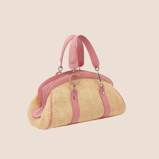 CHRISTIAN DIOR PINK MULTICOLOR RAFFIA FLOWERS WICKER BAG