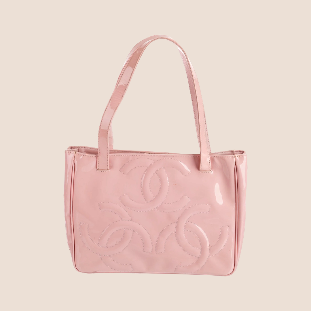 CHANEL 2005 PINK PATENT LEATHER PVC TRIPLE CC LOGO TOTE BAG