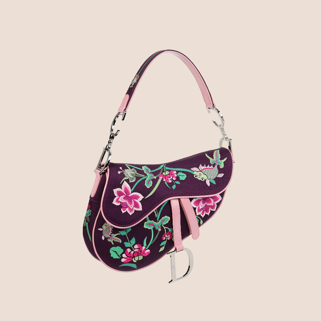 CHRISTIAN DIOR 2003 PURPLE SILK FLORAL KOI SADDLE BAG