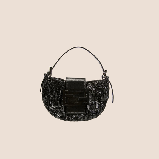 FENDI 2000 BLACK BEADED GLITTER  FF LOGO MINI CROISSANT BAG