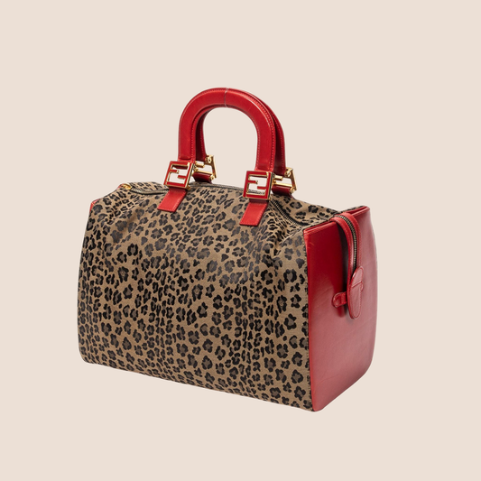 FENDI RED LEOPARD PRINT BOSTON BAG