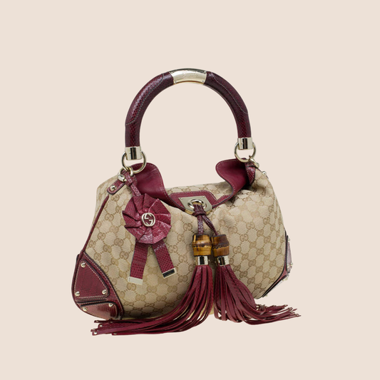 GUCCI BEIGE & RED GG CANVAS PYTHON INDY HOBO BAG