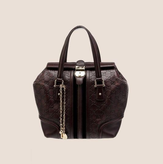 GUCCI BROWN LEATHER GG SIGNATURE TOP HANDLE BAG