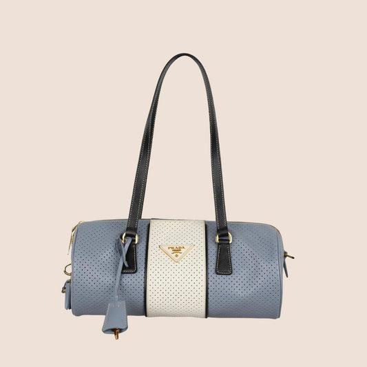 PRADA 2000 BLUE & WHITE PERFORATED BARREL BAG