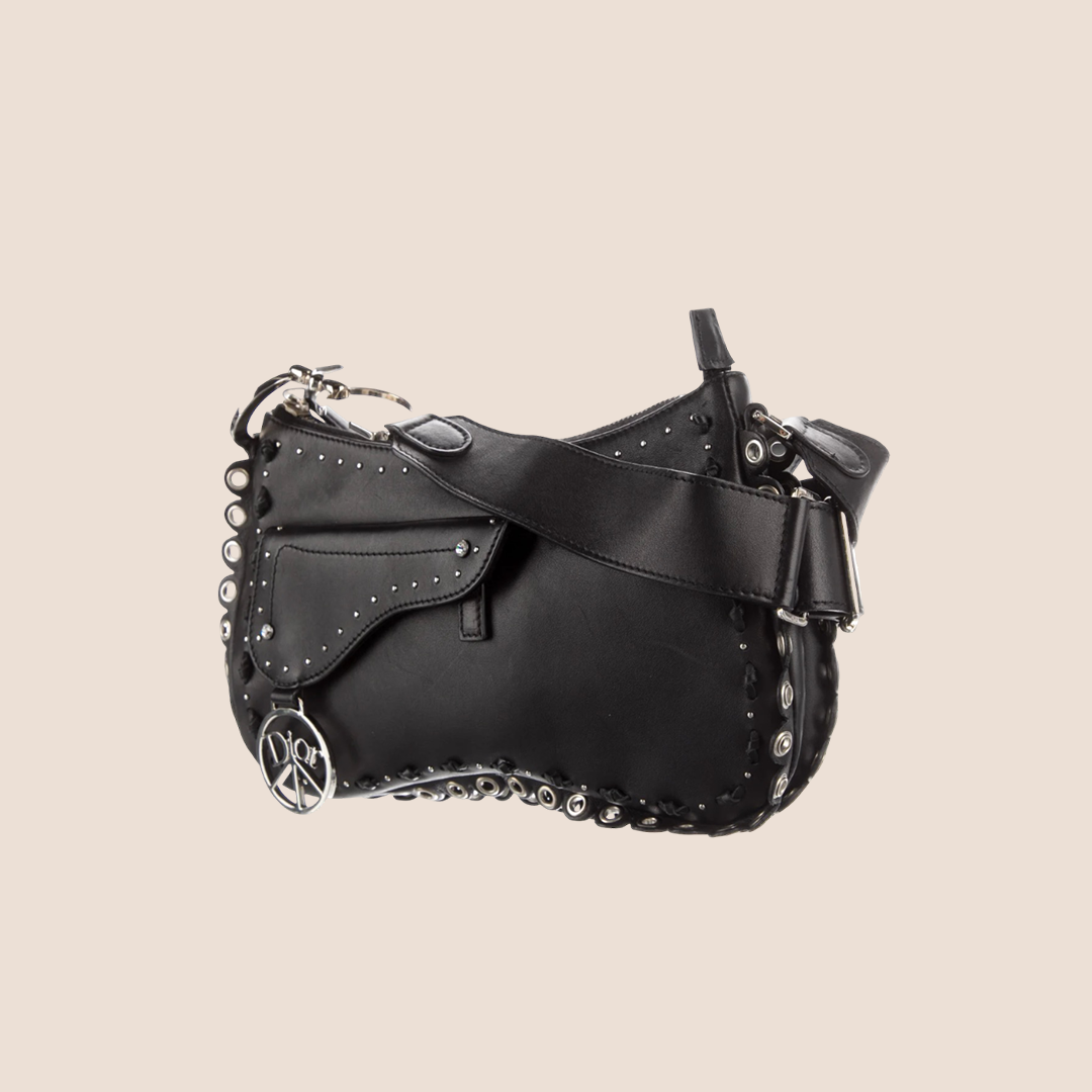 CHRISTIAN DIOR 2005 "PEACE & LOVE' BLACK STUDDED SHOULDER BAG