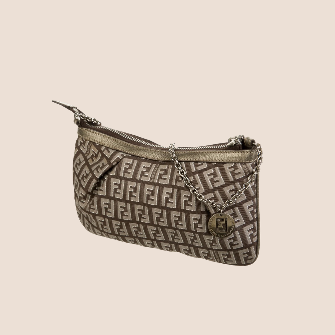 FENDI BRONZE ZUCCHINO CANVAS CHARM CHAIN POCHETTE BAG