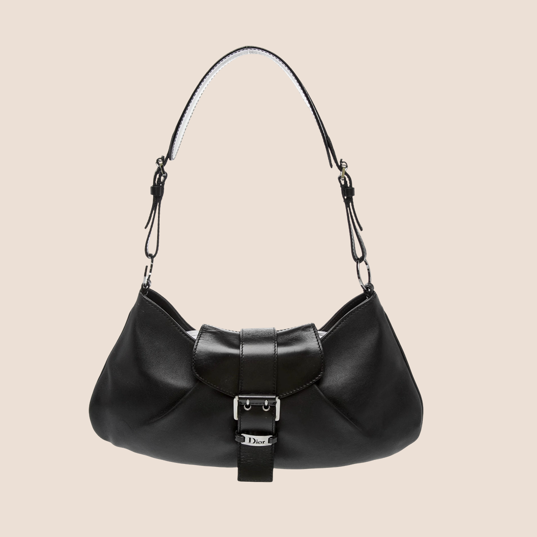 CHRISTIAN DIOR 2002 BLACK LEATHER BUCKLE CROISSANT BAG
