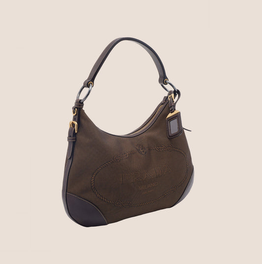 PRADA BROWN LOGO JACQUARD LOGO BAG