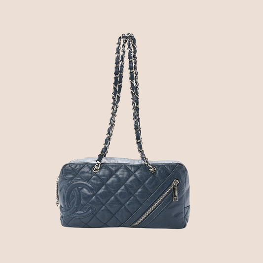 CHANEL BLUE AGED CALFSKIN QUILTED BOWLER BAG